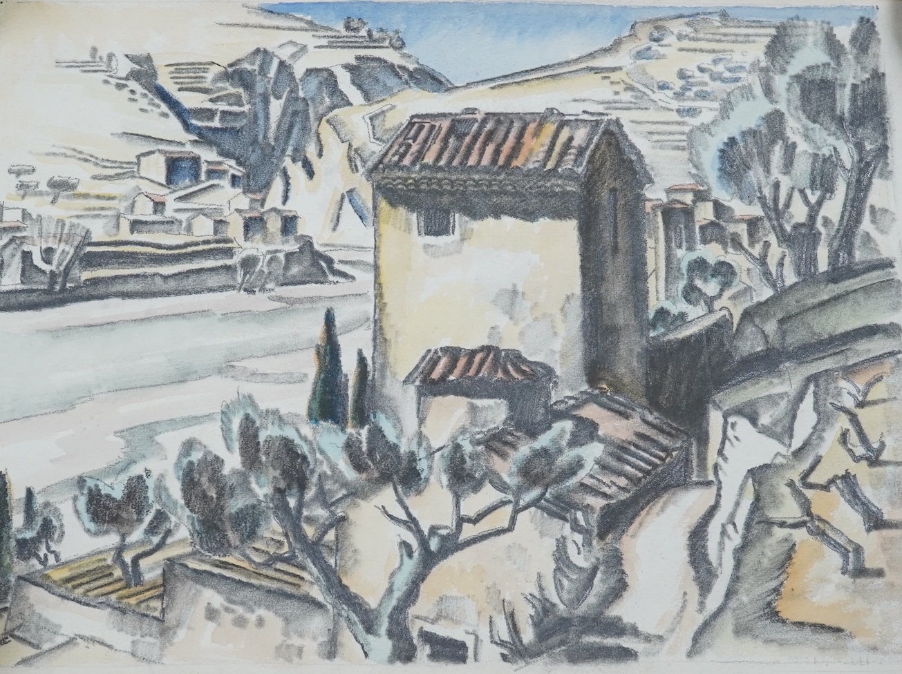 Adrian Paul Allinson ROI (1890-1959), mixed media, French landscape, unsigned, blind stamped by the artist's executors, 1962, unframed. Condition - fair to good